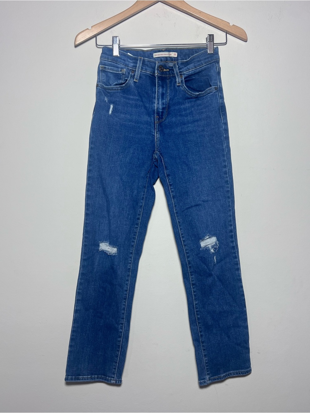 Levi's 724 High Rise Straight Crop Jeans Blue Ripped Size 25